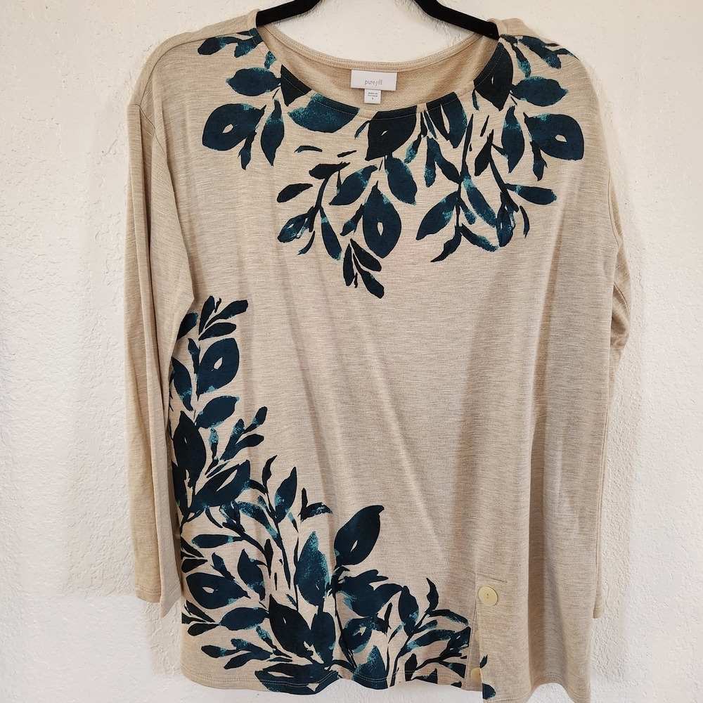 J.Jill Pure Jill Tunic Beige and Teal Leaf Print Top Size S Nature Hiking Beachy